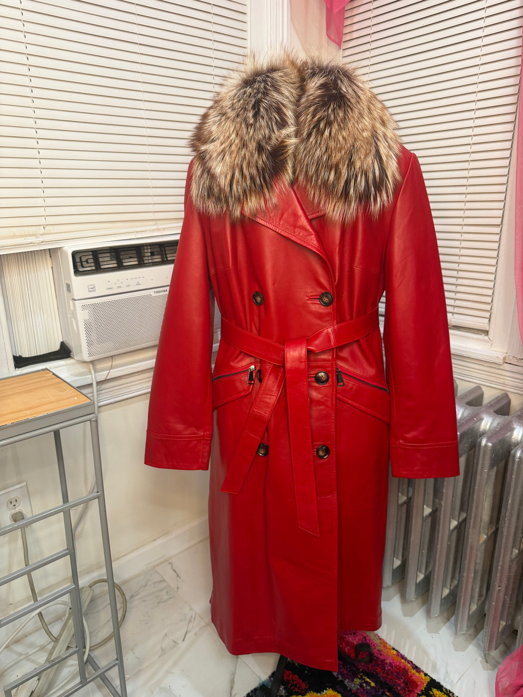 Lambskin Leather Trench Coat w/Crystal Fox Collar