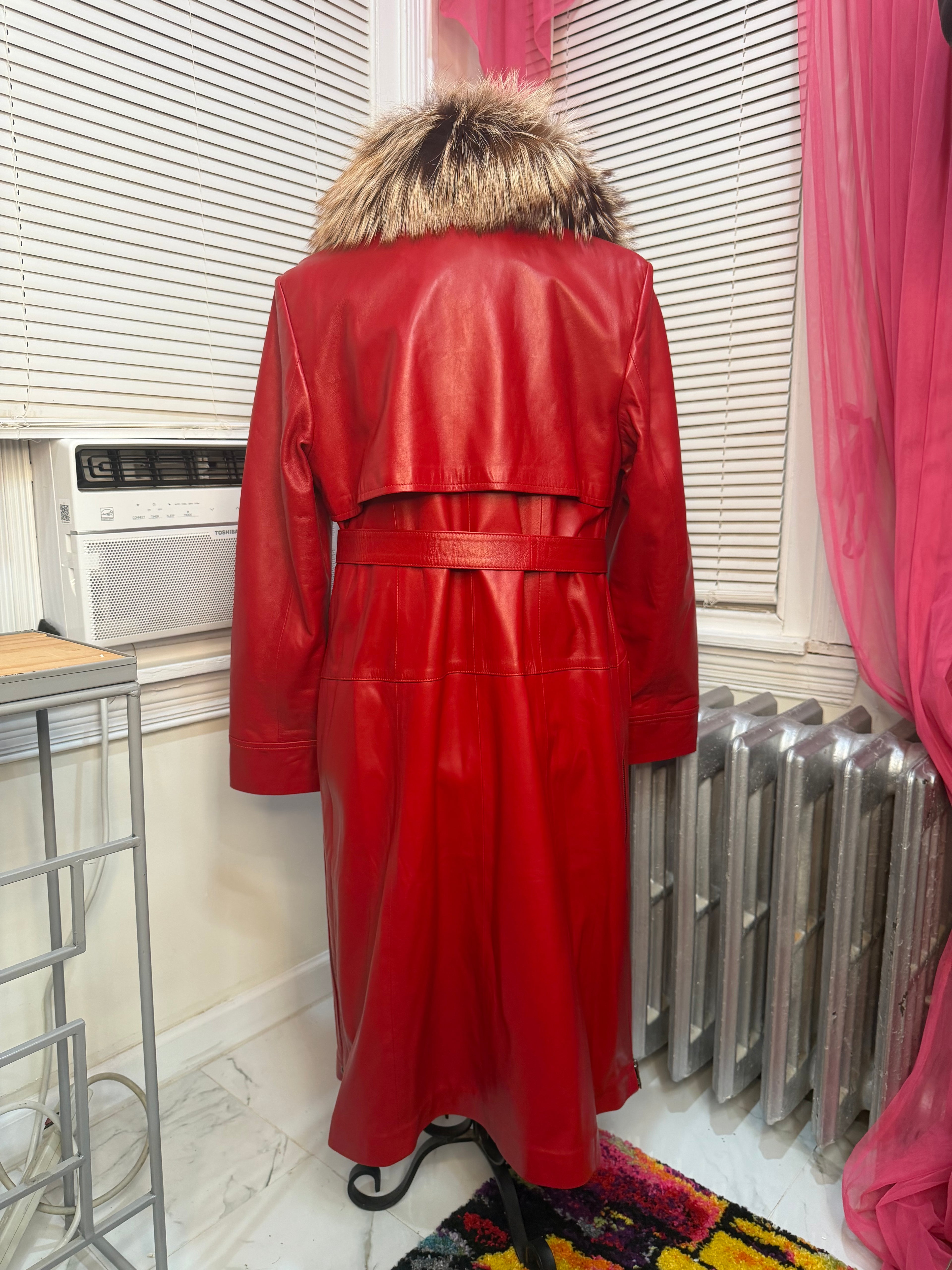 Lambskin Leather Trench Coat w/Crystal Fox Collar