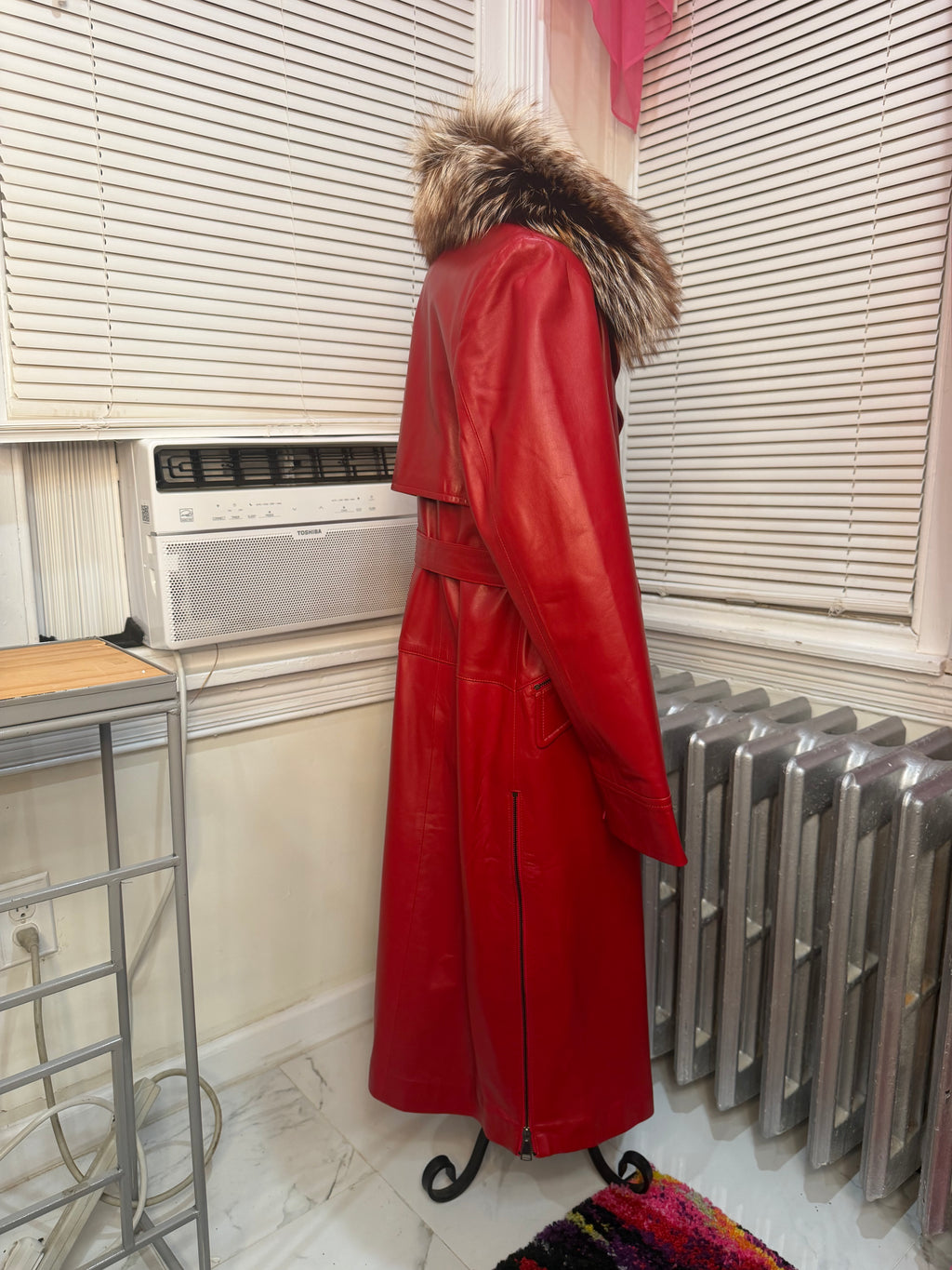 Lambskin Leather Trench Coat w/Crystal Fox Collar