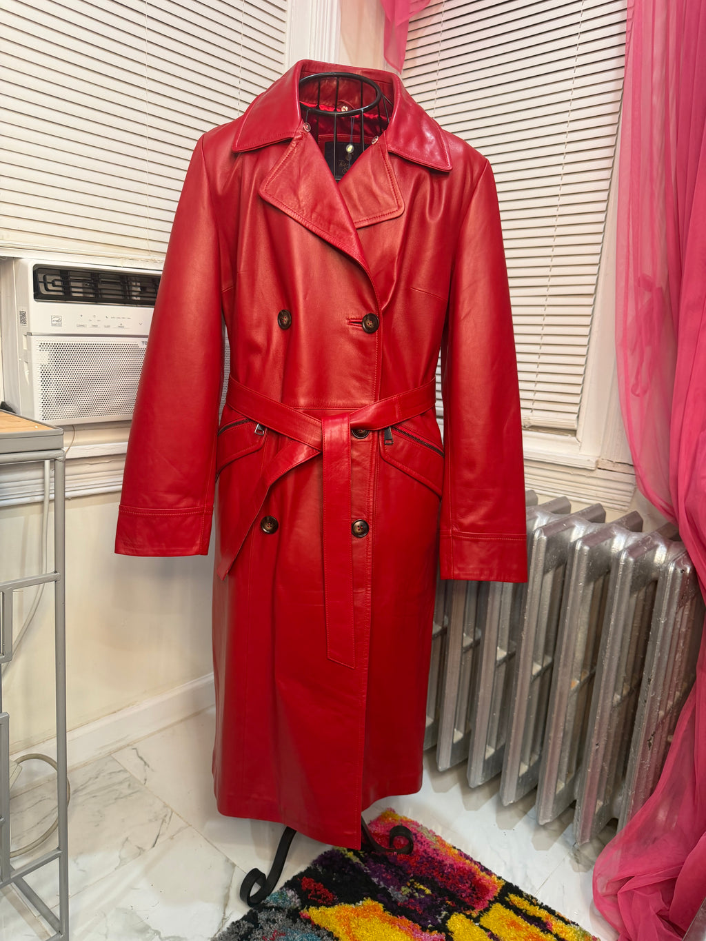 Lambskin Leather Trench Coat w/Crystal Fox Collar